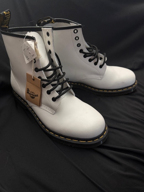 Dr. Martens Shoes - Dr. Martens White Leather Lace-Up Boots with Yellow Stitching Size 10 Brand New!
